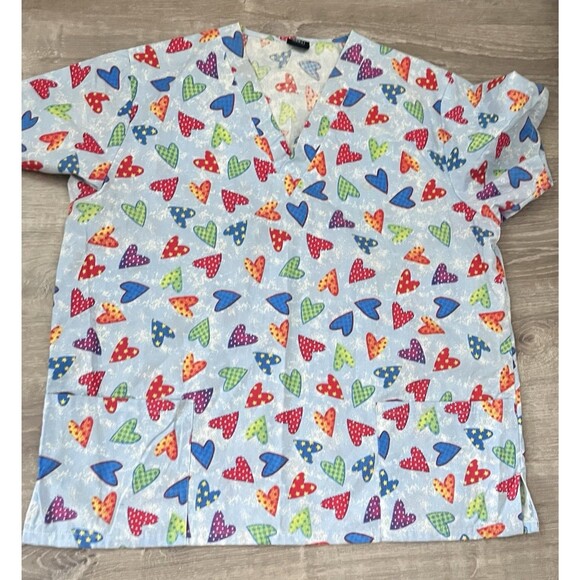 MedGear Women Large Scrubs V-Neck Heart Printed Scrub Top With Pockets - Picture 1 of 4